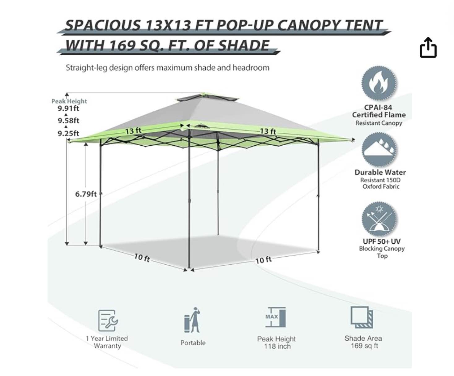 eagle peak 13x13 straight leg pop up canopy tent instant outdoor canopy easy single person set up folding shelter w/auto extending eaves 169 square feet of shade