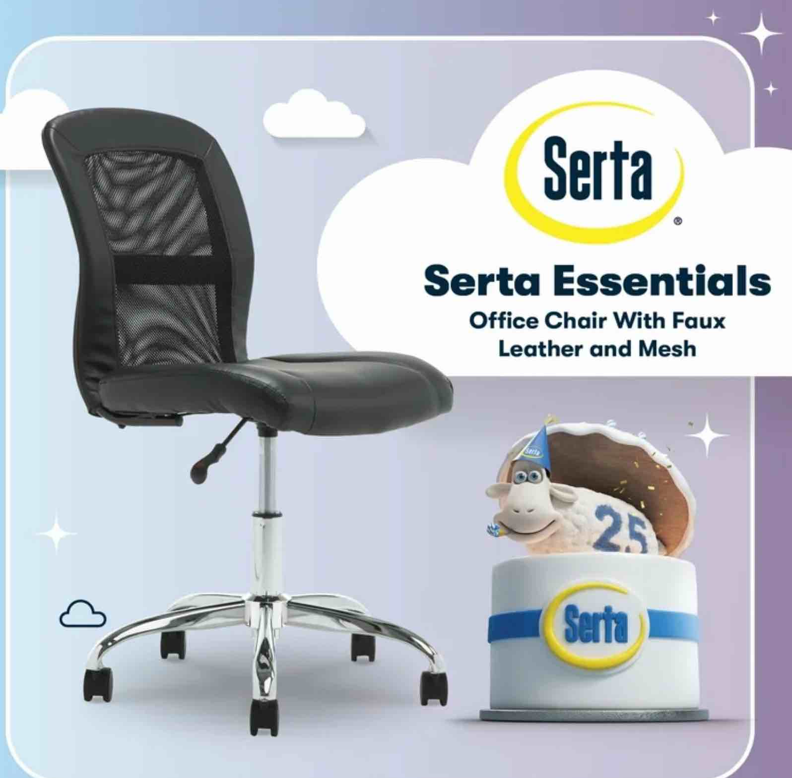 Serta Essentials Armless Task Chair, Faux Leather and Mesh, Black