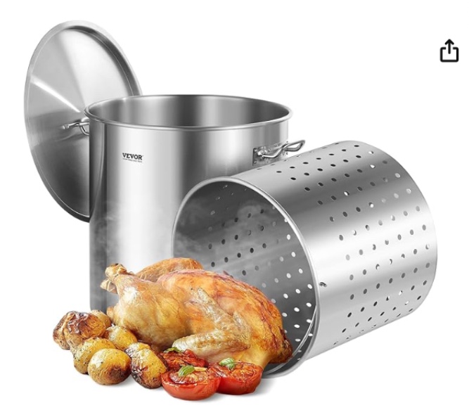 vevor stainless steel stockpot, 84 quart large cooking pots, cookware sauce pot with basket, lid, and handle, heavy duty commercial grade stock pot, sanding treatment, for large groups events silver
