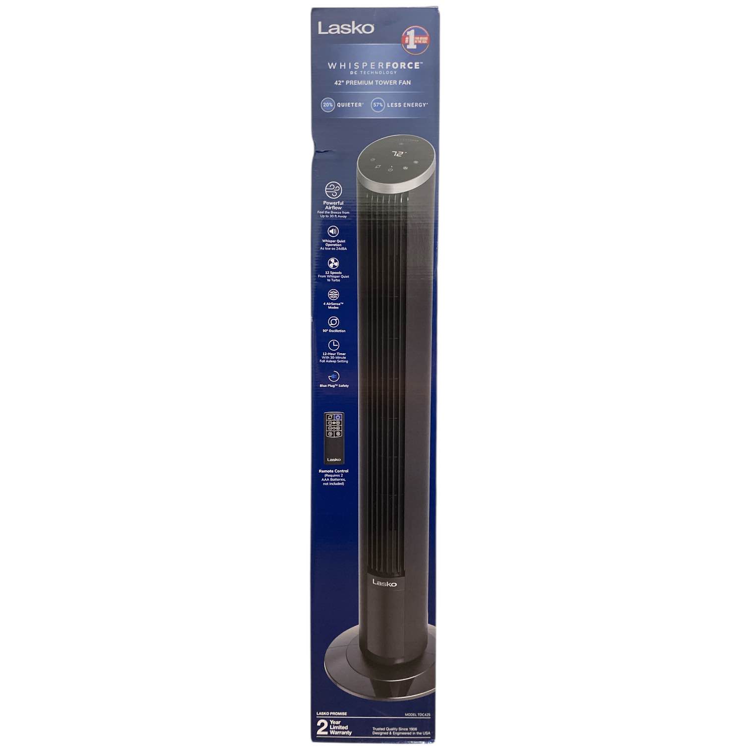 Lasko 42" Oscillating 12-Speed DC Tower Fan