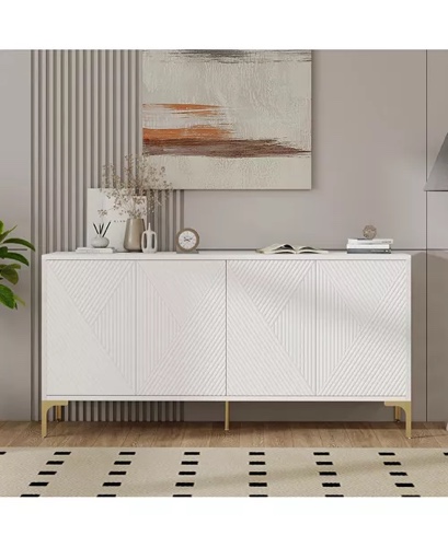 White Wood Buffet Cabinet with Carved Doors & Storage