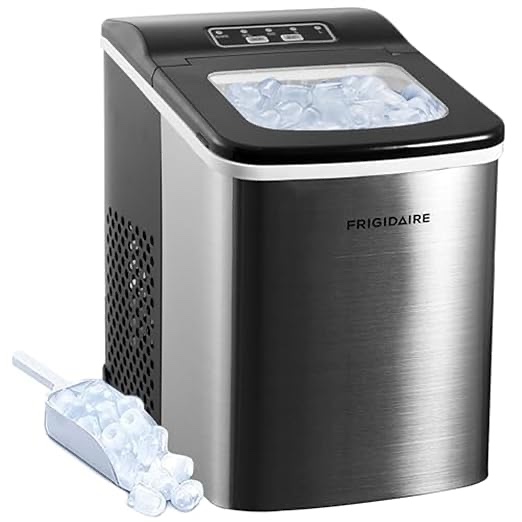 frigidaire compact countertop ice maker, makes 26 lbs. of bullet shaped ice cubes per day, silver stainless