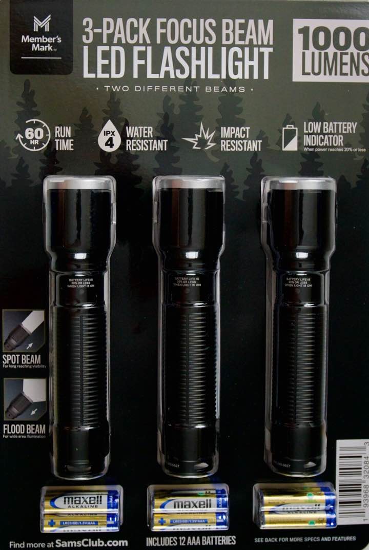 member's mark focus beam led flashlight 1000 lumens batteries included, 3 pack