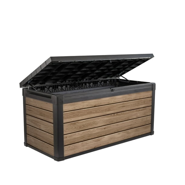 Keter Signature 150 Gallon Durable Weatherproof Resin Deck Box Organization and Storage for Outdoor Patio and Lawn, Ashwood