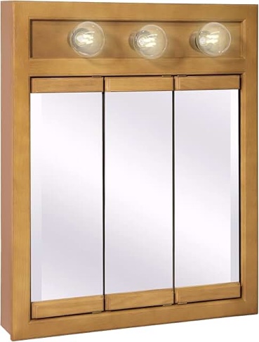 Design House Richland First aid kit with 3 lights, fully mounted, wall mounted, 3 mirrored doors, wooden frame, oak •finish, 24 x 5 x 30 inches, 530592-NOK