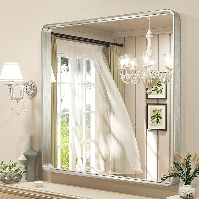 TETOTE 42 x 36 Inch Gold Mirror for Bathroom, Brushed Metal Frame Vanity Mirror, Brass Gold Rectangle Modern Decorative Wall Mirrors for Entryway Shatterproof (Horizontal/Vertical) 36"L x 42"W Rectangular Brushed