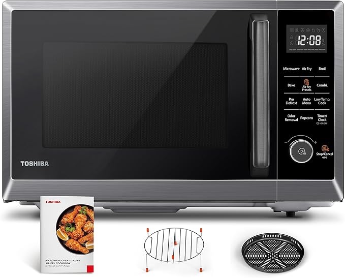 TOSHIBA Air Fryer Combo 8-in-1 Countertop Microwave Oven, Convection, Broil, Odor removal, Mute Function, 12.4" Position Memory Turntable with 1.0 Cu.ft, Black stainless steel, ML2-EC10SA(BS)