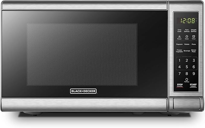 BLACK+DECKER EM720CB7 Digital Microwave Oven with Turntable Push-Button Door, Child Safety Lock, 700W, Stainless Steel, 0.7 Cu.ft