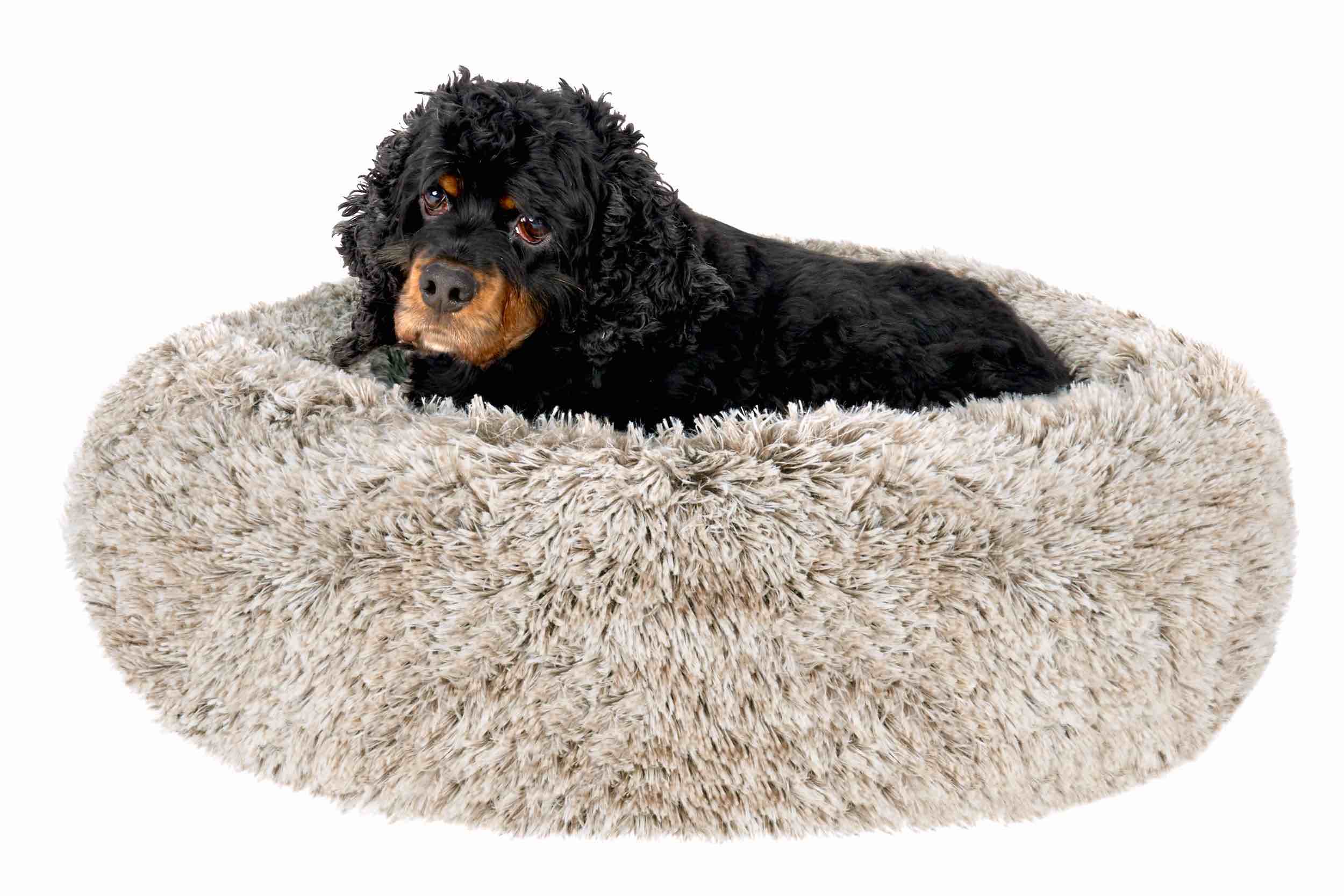 Furhaven 36" Round Calming Donut Dog Bed for Large/Medium Dogs, Refillable w/ Removable Washable Cover, For Dogs Up to 75 lbs - Shaggy Plush Long Faux Fur Donut Bed - Beige Large