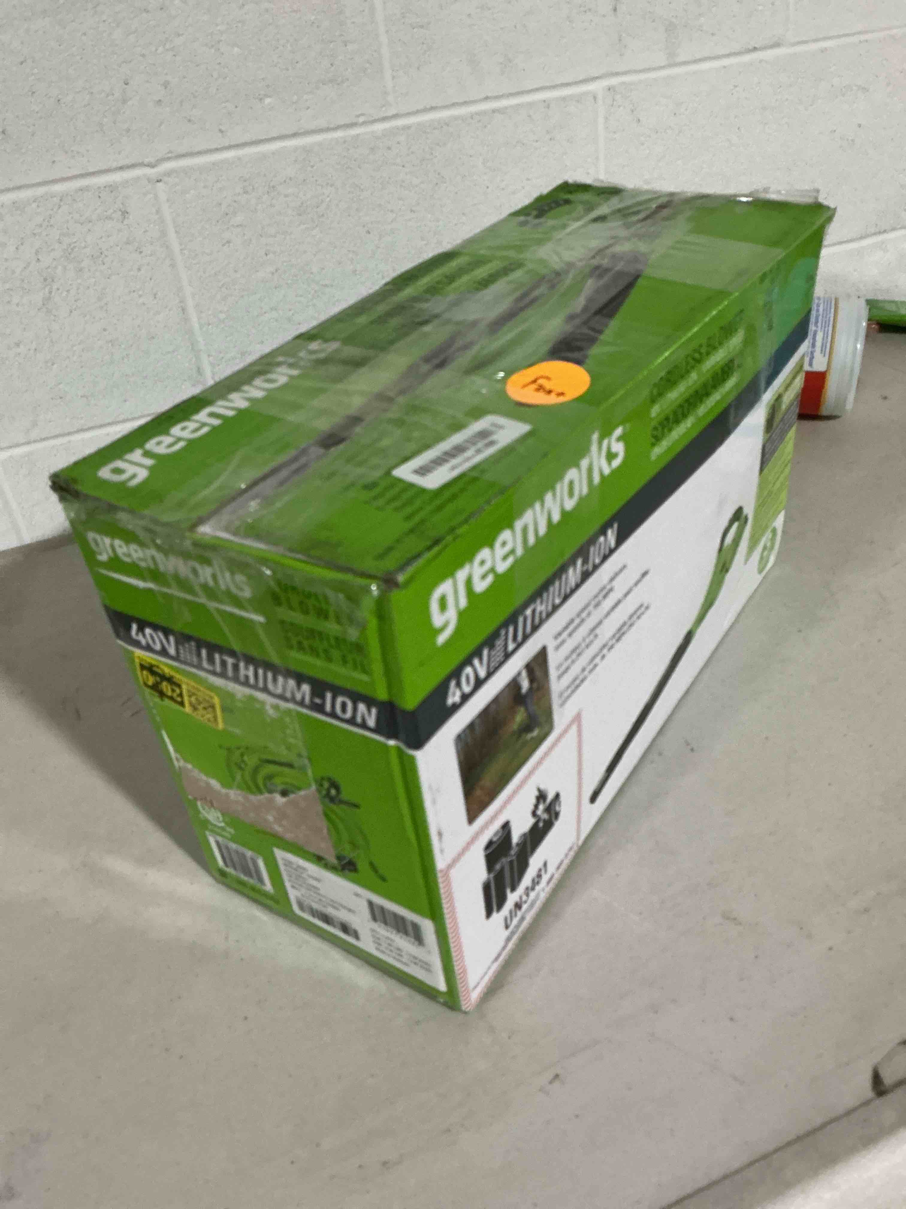 Condition photo showing As Is for greenworks 7 amp 160 mph/150 cfm single speed electric blower, 24012, green