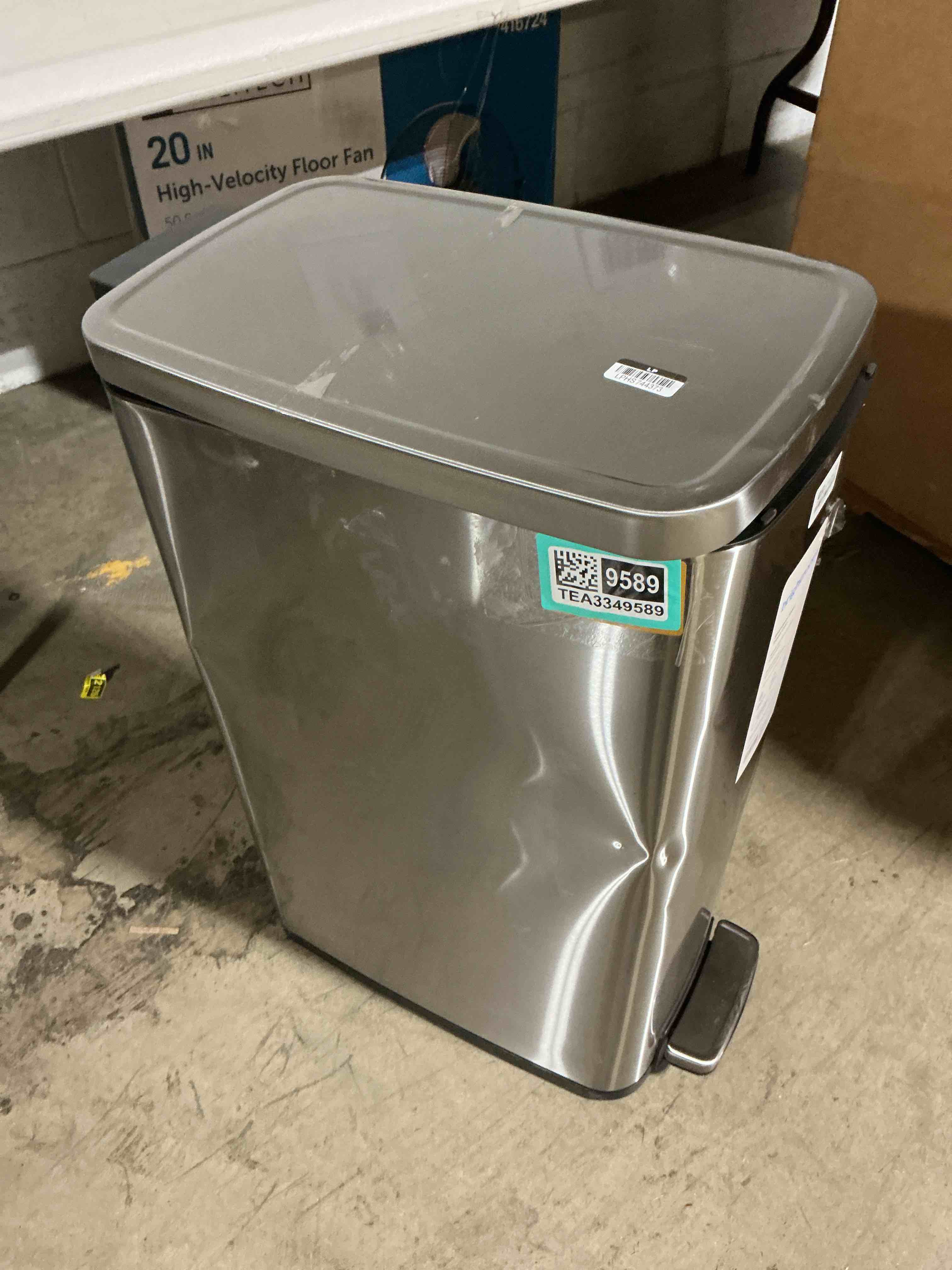 Condition photo showing As Is for 45l slim step trash can - brightroom™: stainless steel kitchen garbage can, indoor, smooth finish, silver, 11.8 gallon capacity