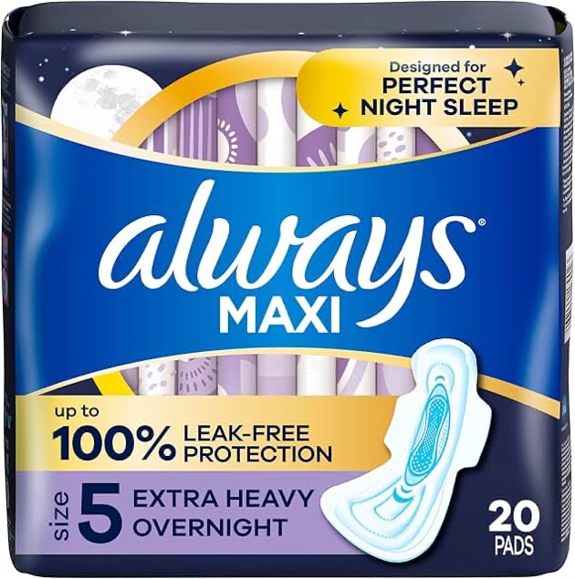 always maxi pads with wings, size 5, extra heavy , 24-pads. (diferent stock photo)