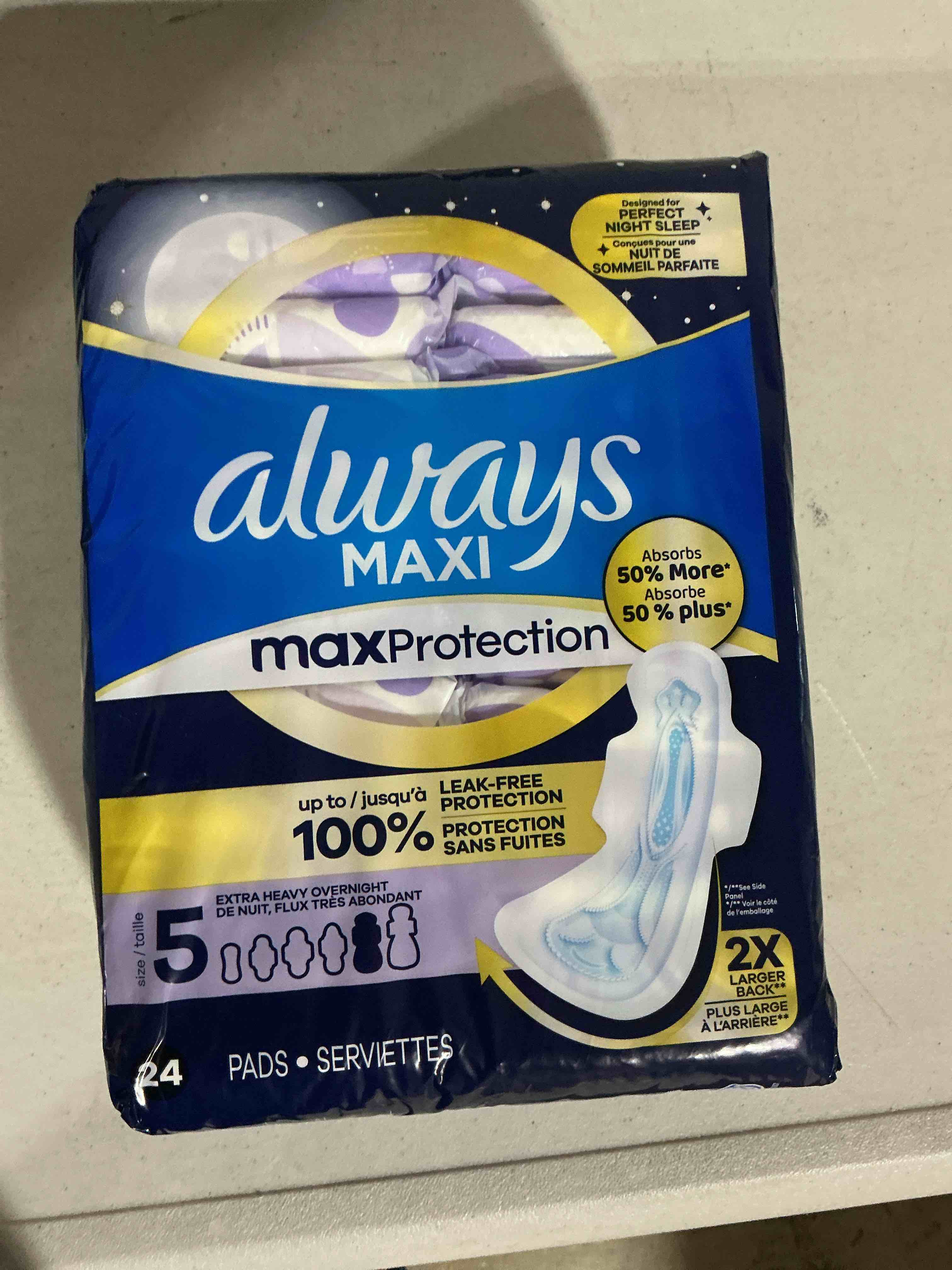 Condition photo showing New/Like New for always maxi pads with wings, size 5, extra heavy , 24-pads. (diferent stock photo)