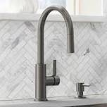 allen + roth Harlow Simplefit grey Single Handle Deck-mount Pull-down Kitchen Faucet with Sprayer (Includes Deck Plate) (Includes Soap Dispenser)