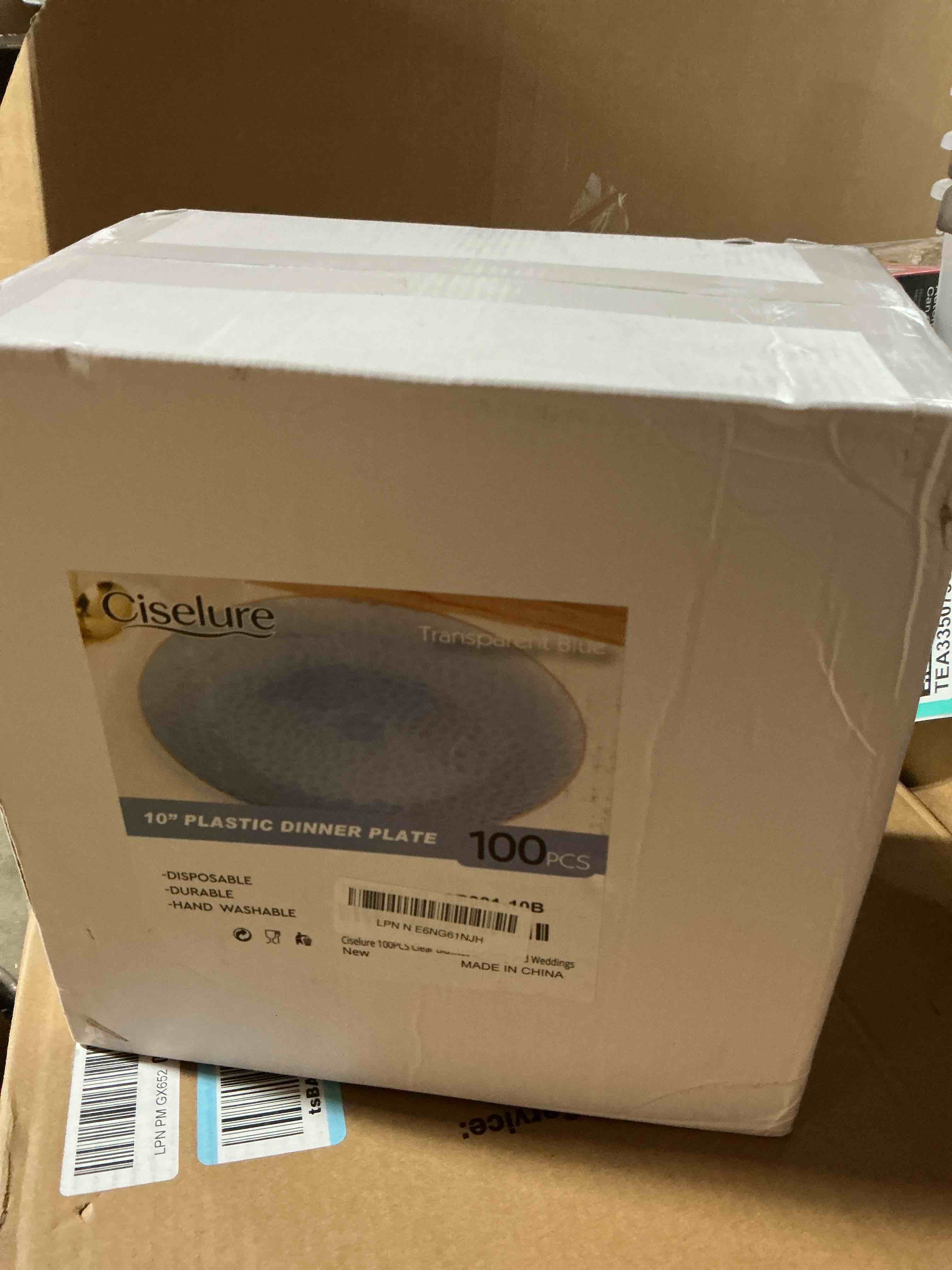 Condition photo showing New/Like New for 100pcs blue and gold plastic plates, 10 inch disposable dessert plates with gold rim, heavy duty stone texture plastic plates for party and weddings
