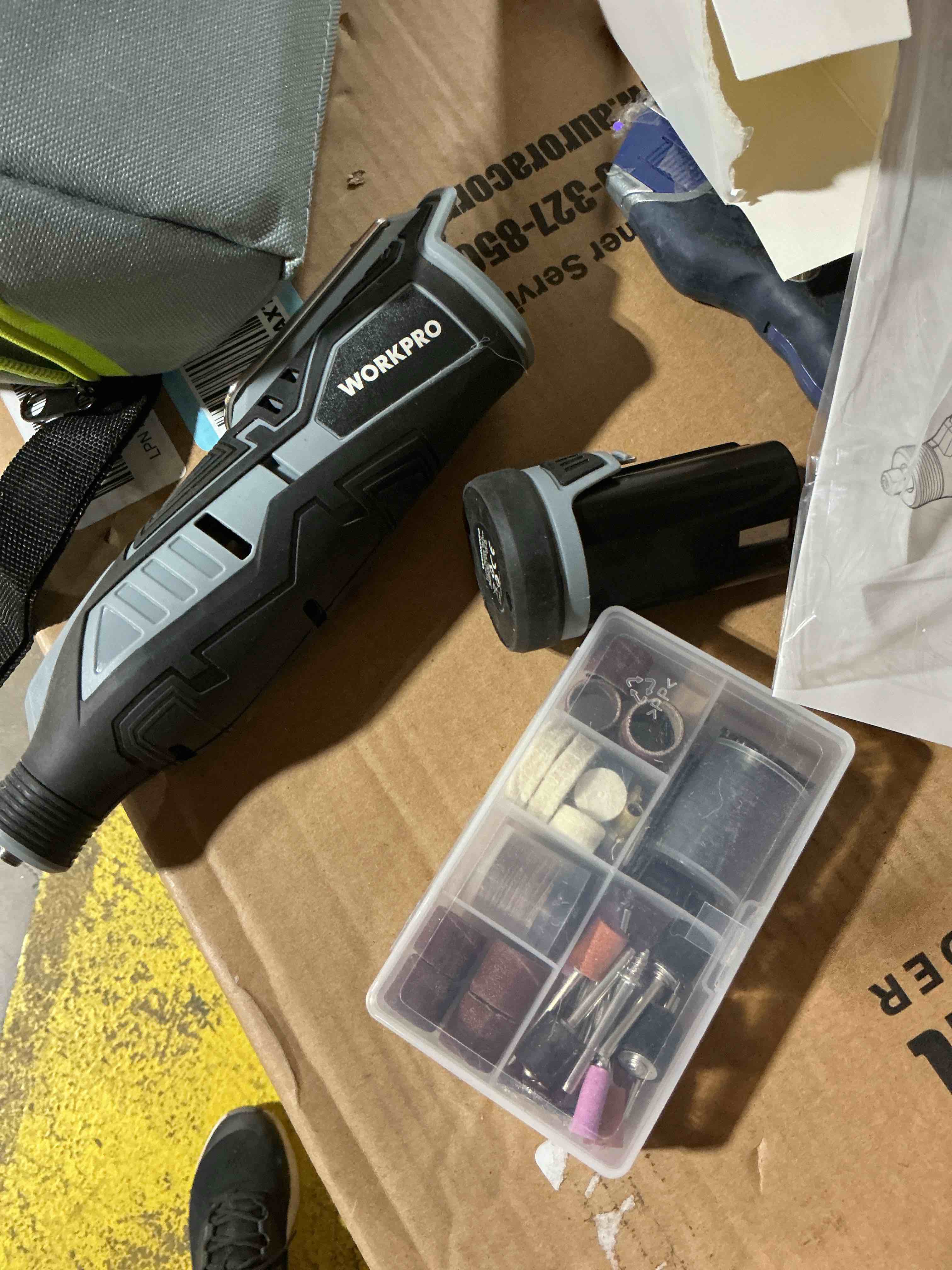 Condition photo showing Good Condition for workpro 12v cordless rotary tool kit, 5 variable speeds, powerful engraver, sander, polisher, 114 easy change accessories, craft tool for handmade and diy grey