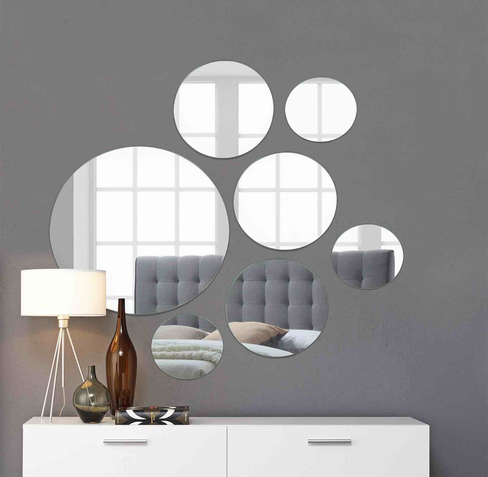 light in the dark medium round mirror wall mounted assorted sizes (1x10”, 3x7”, 3x4”) - set of 7 round glass mirrors wall decoration for living room, bedroom or bathroom.