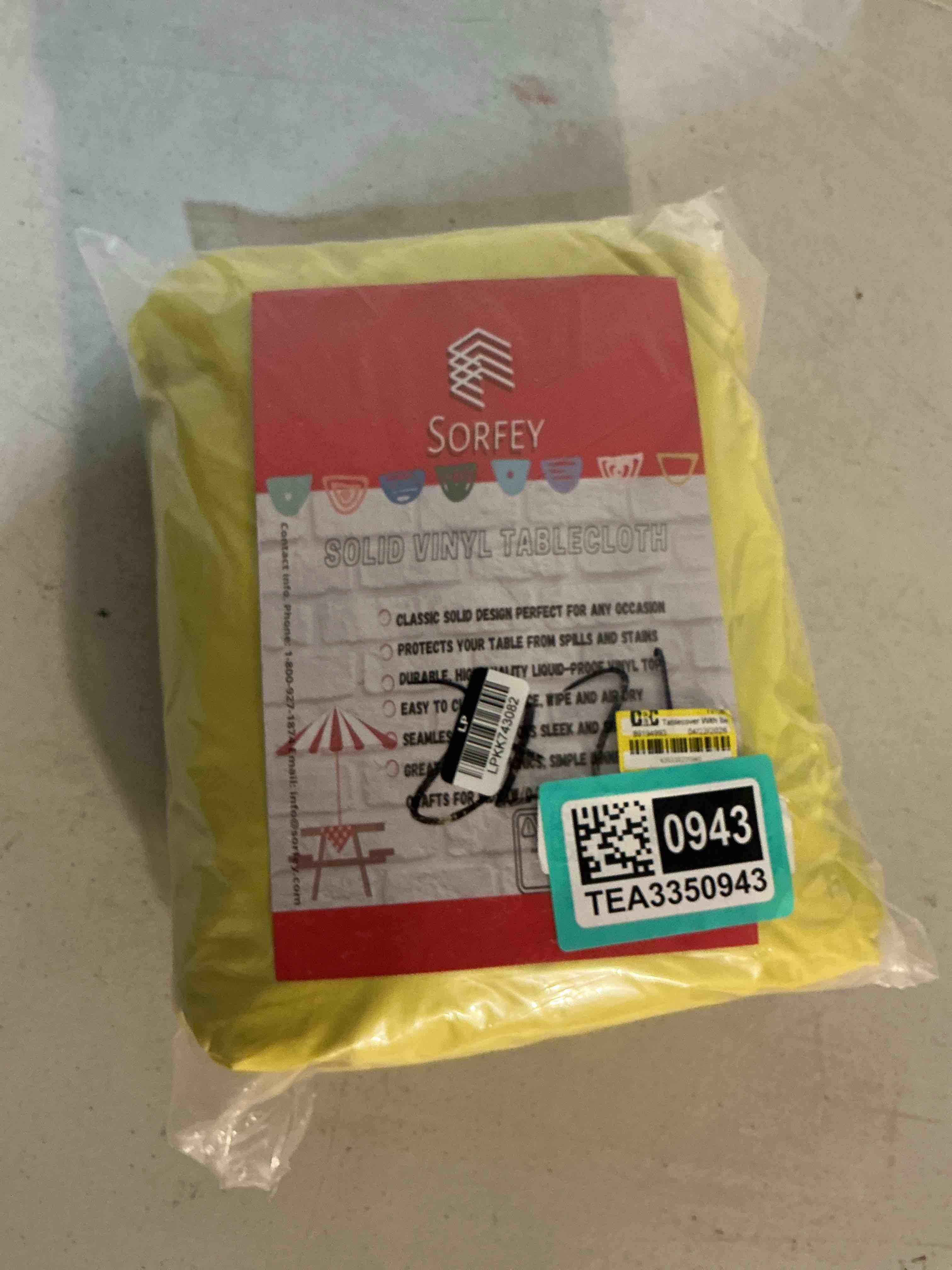 Condition photo showing New/Like New for sorfey tablecloth -fitted with elastic, vinyl with flannel back, fits for table 30"x 96" rectangle,water proof, easy to clean, solid yellow design