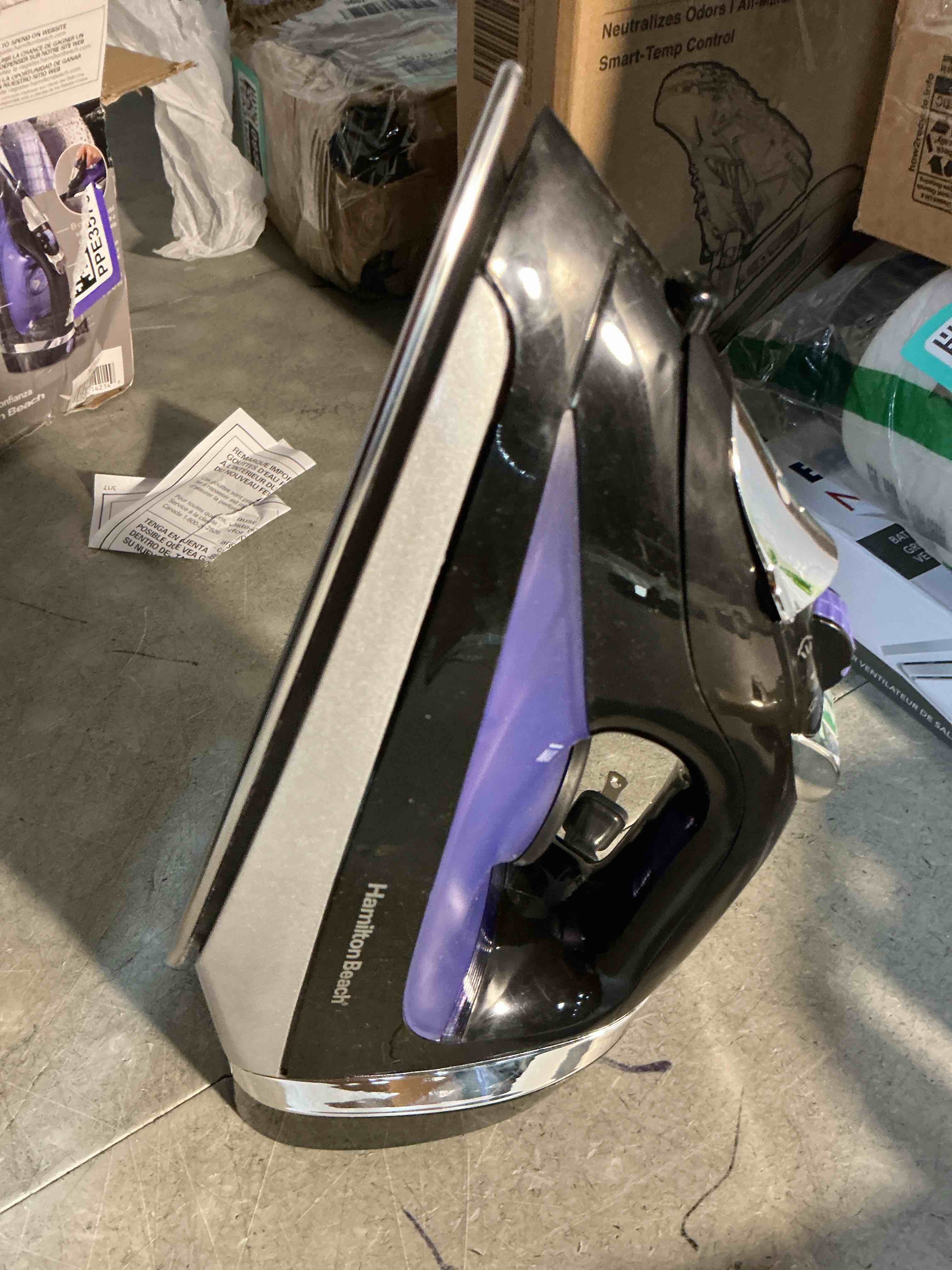Condition photo showing Good Condition for hamilton beach steam iron for clothes & garment steamer with smooth press stainless steel soleplate, 1200 watts, 8’ retractable cord, black (14214)