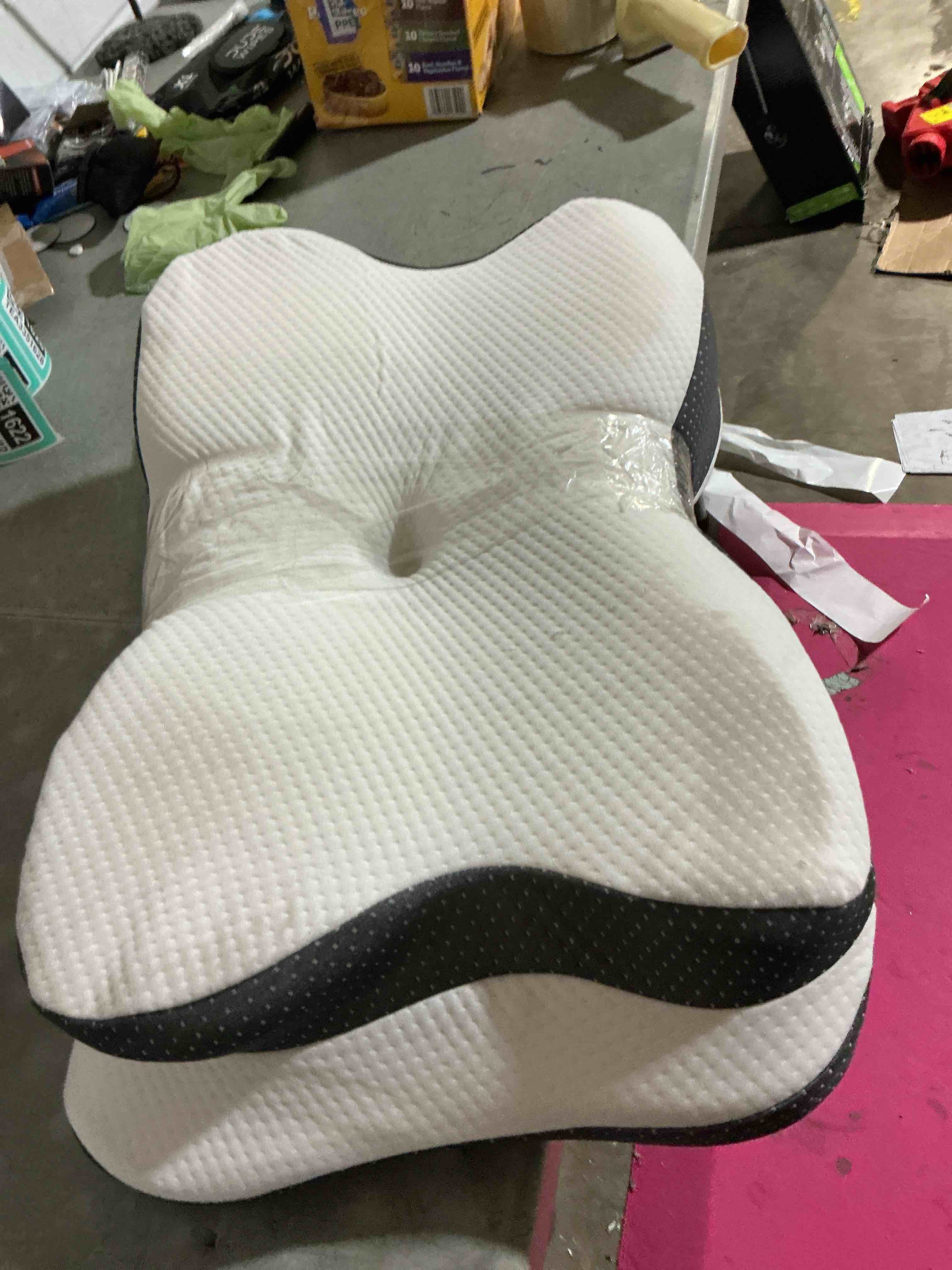 Condition photo showing As Is for osteo sustained cervical health neck pillow, contour zoned design ergonomic pillow for pain relief, no-temperature affected memory foam pillows, cooling pillow support side, back, stomach sleeper dark gray