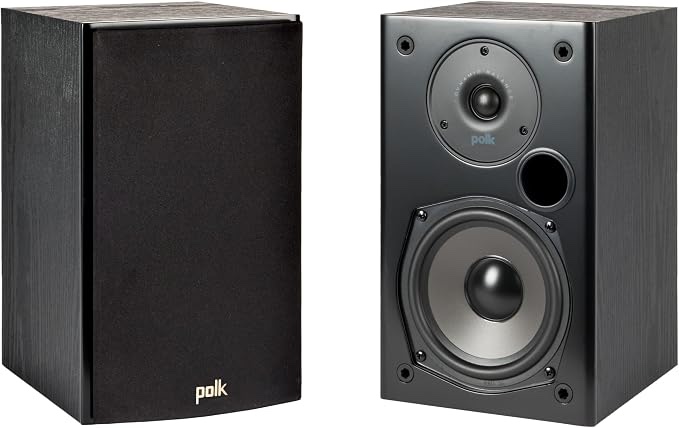 polk audio t15 100 watt home theater bookshelf speakers – hi-res audio with deep bass response, dolby and dts surround, wall-mountable, pair, black
