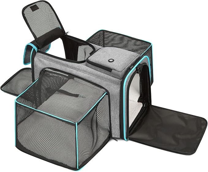Cat Dog Carrier Bag, 5 Sides Open Doors, 2 Sides Expandable, Large Soft Sided Pet Carriers with Removable Pad, 19x12x12 Inch for Kitten, Rabbit, Puppy, Small Animal, Airline Approved grey and blue 