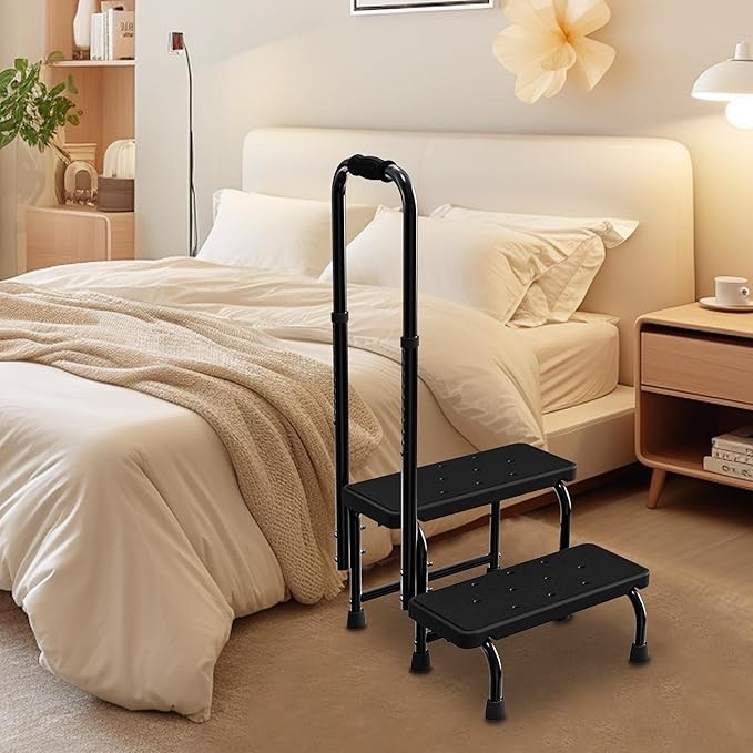 Step Stool with Handle for Elderly, Heavy Duty 2 Step Stool for Adults Seniors with Adjustable Handrail&Non-Slip Platform, Foot Stool for Bedside,Kitchen,Bathtub, Hold up to 450LBS (Black)