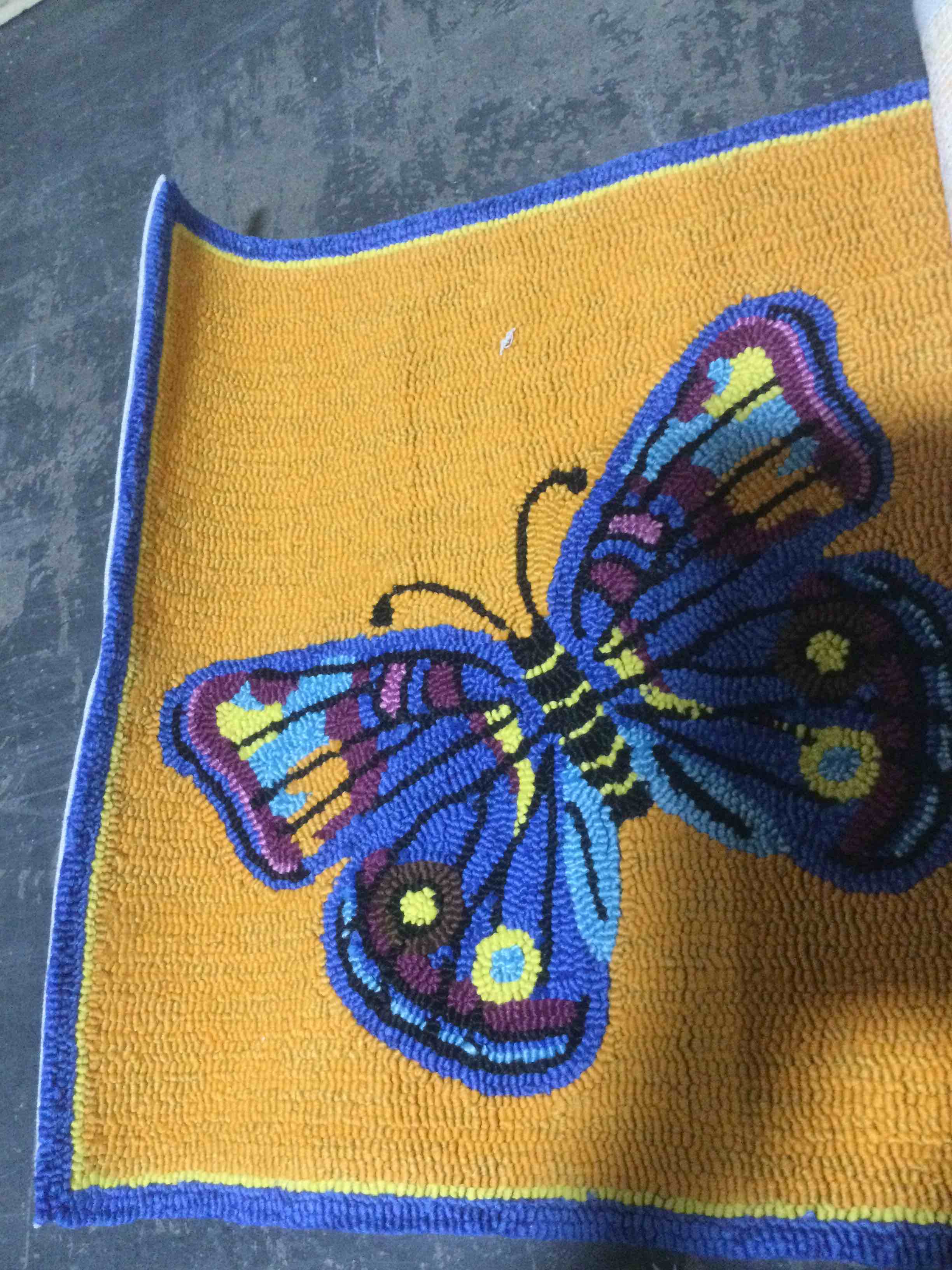 Condition photo showing New/Like New for zq3dm125 rectangular hand hooked in/outdoor critter rug, butterfly