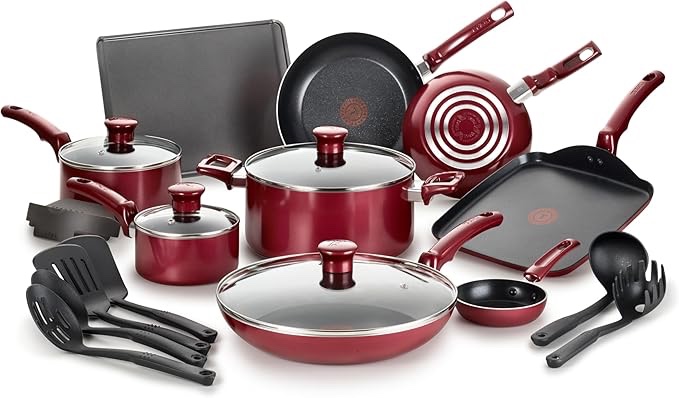 t-fal essence, 20 piece non-stick pots and pans cookware set, red