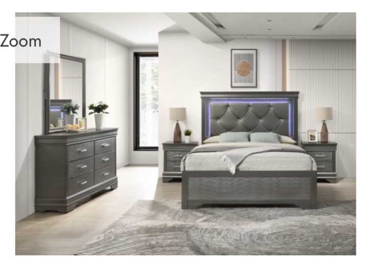 NeoLiving Hudson Gray 5 Piece Bedroom Set: Queen Bed, 2 Nightstands, Dresser, and Mirror