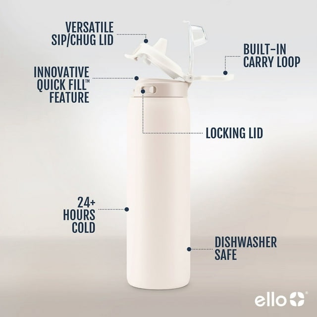 2-Pack Ello Pop & Fill 22oz. Stainless Steel Water Bottle with Leak Proof Locking Lid,