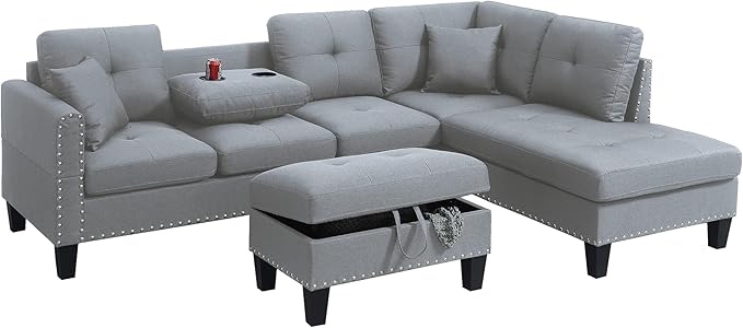 Poundex 3pc Sectional Sofa Set Linen-Like Fabric Taupe Grey