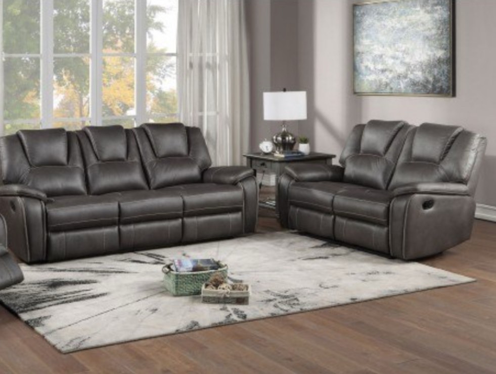 Steve Silver Katrine Charcoal PU Manual Love Seats & sofa Two Built-in Recliners, Luxurious Padded Charcoal Faux-Leather, Baseball Stitching