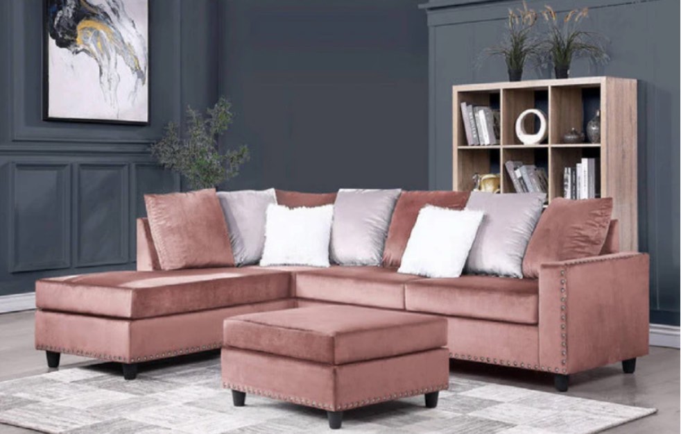 2-PIECE REVERSIBLE SECTIONAL, PINK VELVET WITH OTTOMAN