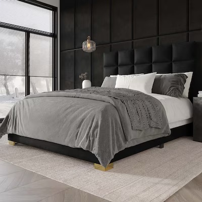 ChaletPosh Full Black Wood Upholstered Bed with Headboard