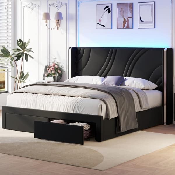 Full Upholstered LED Storage Bed - Velvet - Black