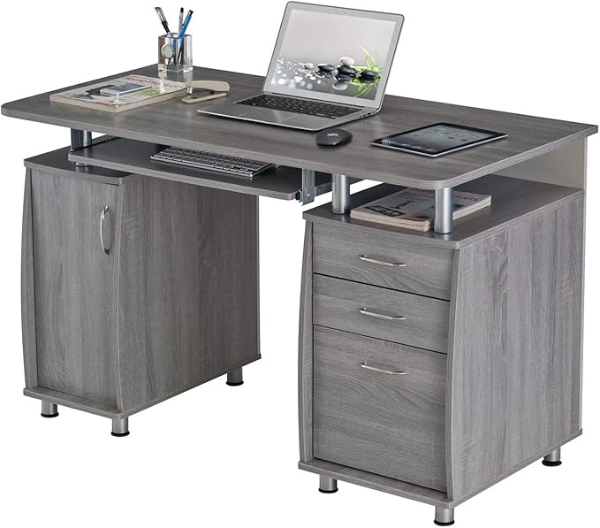 47.5'' Computer Desk with File Cabinet and Drawers, Storage Cabinet with Removable Shelf and Ventilation for CPU, Home Office Desk or Computer Workstation with Keyboard Tray, Grey
