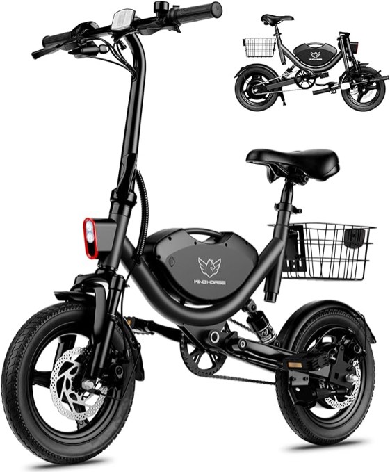 windhorse electric bike for adults, 22 mph & 30 miles pas range 14" e-bike with basket, dual suspension, 715w peak motor, adjustable seat, adult electric bicycle for commuting campus ages 14+