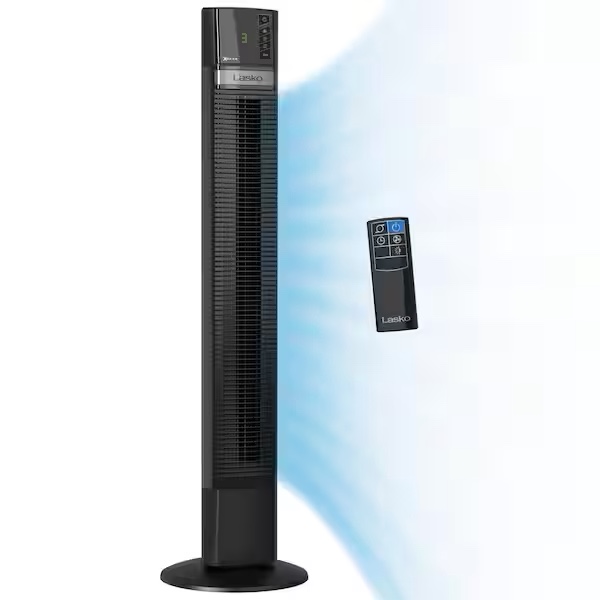 Lasko-48-in-Xtra-Air-4-Speed-Tower-Fan-in-Black-with-Carry-Handle-Oscillating-Remote-Control-Nighttime-Setting-Timer-