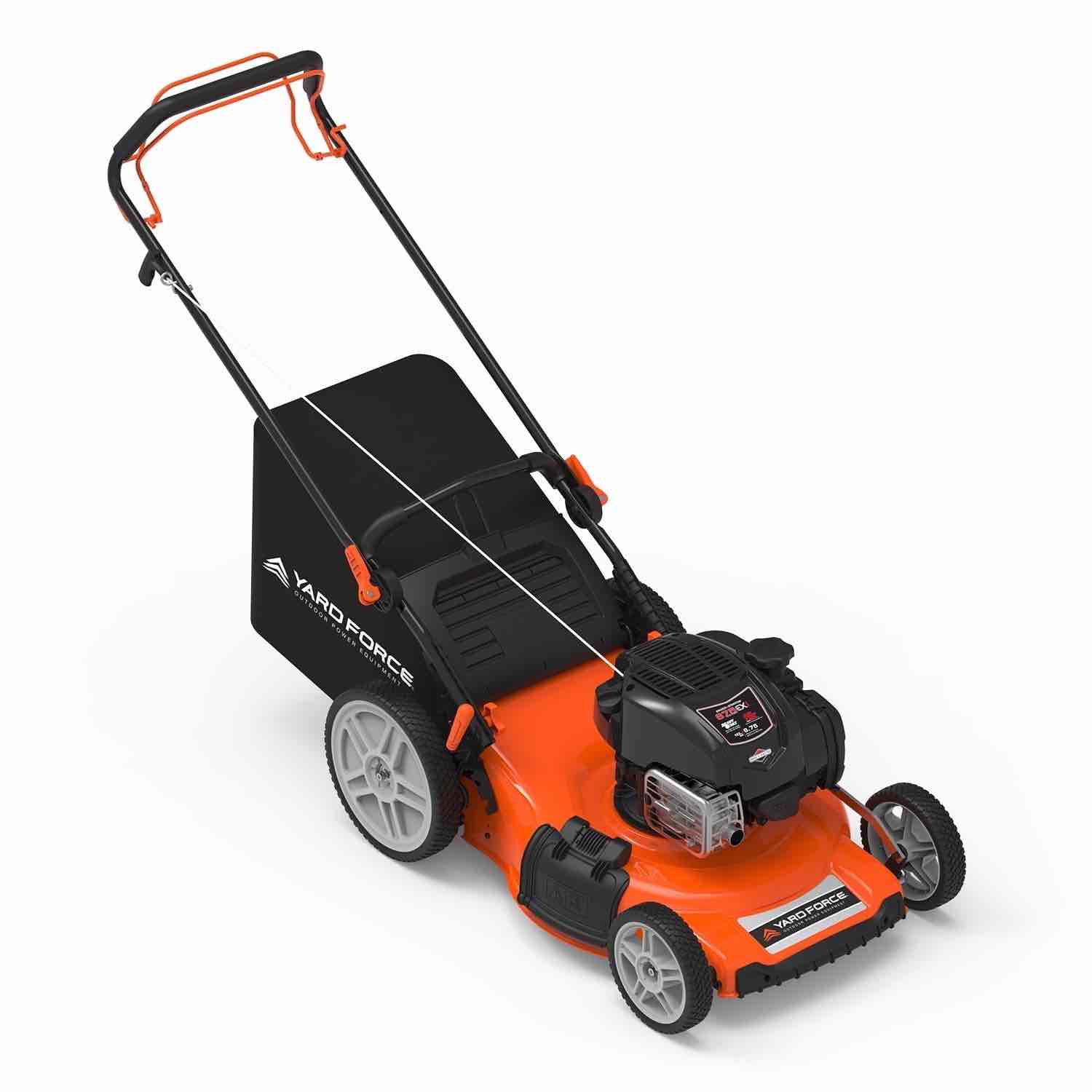 yard force yf22-3n1spvs-sc self-propelled rwd lawn mower, 150cc briggs & stratton engine, 22” steel deck, vertical storage, 2-year warranty, 7-position height adjustment, and 3-in-1 cutting