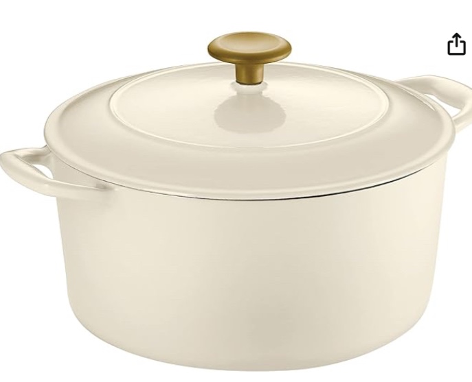 tramontina bestow enameled cast iron dutch oven pot with lid, round 5.5-quart, latte with gold knob
