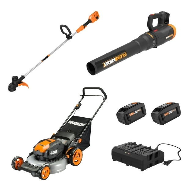 worx nitro 40v cordless 3-in-1 combo kit - blower, 13" trimmer, 20" push mower