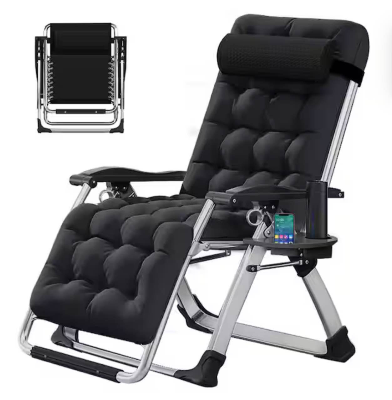 Zero Gravity Chair, with Removeable Pad Soft Cushion and Cup Holder, Steel Frame Fold Lounger Chair, Black Cushion