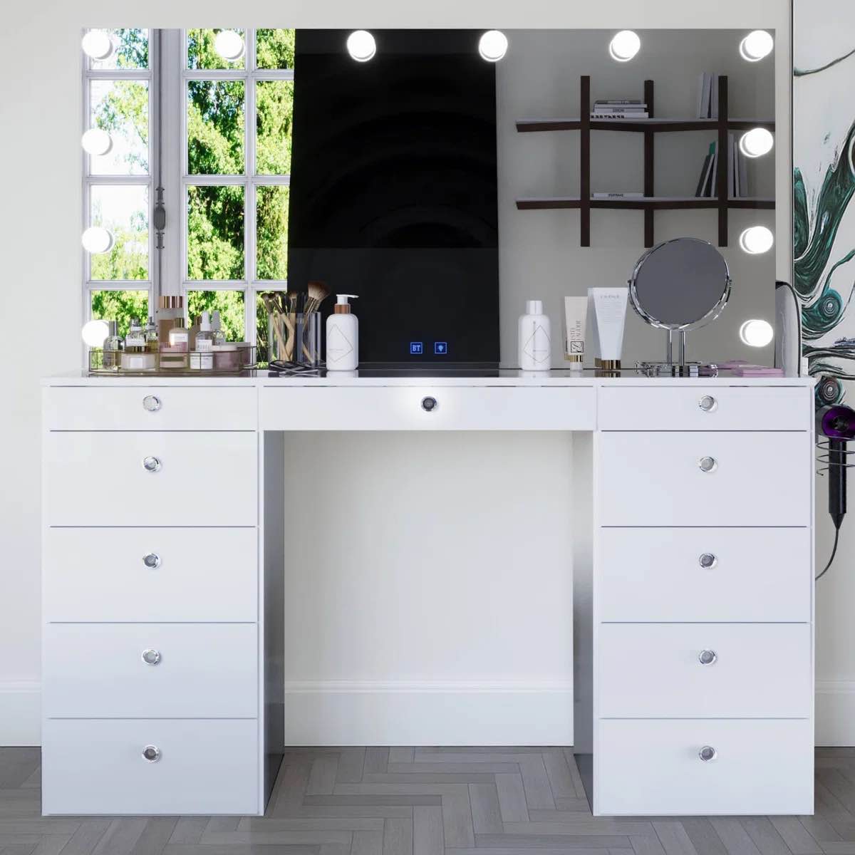 orla premium vanity table with bluetooth speakers, 11 drawers, and led lighted mirror