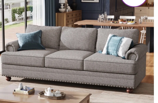 Alejoa 89 Inch Upholstered Sofa, 3 Seater Couch With Rolled Arms & Nailhead Trim, Modern Sofa Couch For Living Room, Linen
