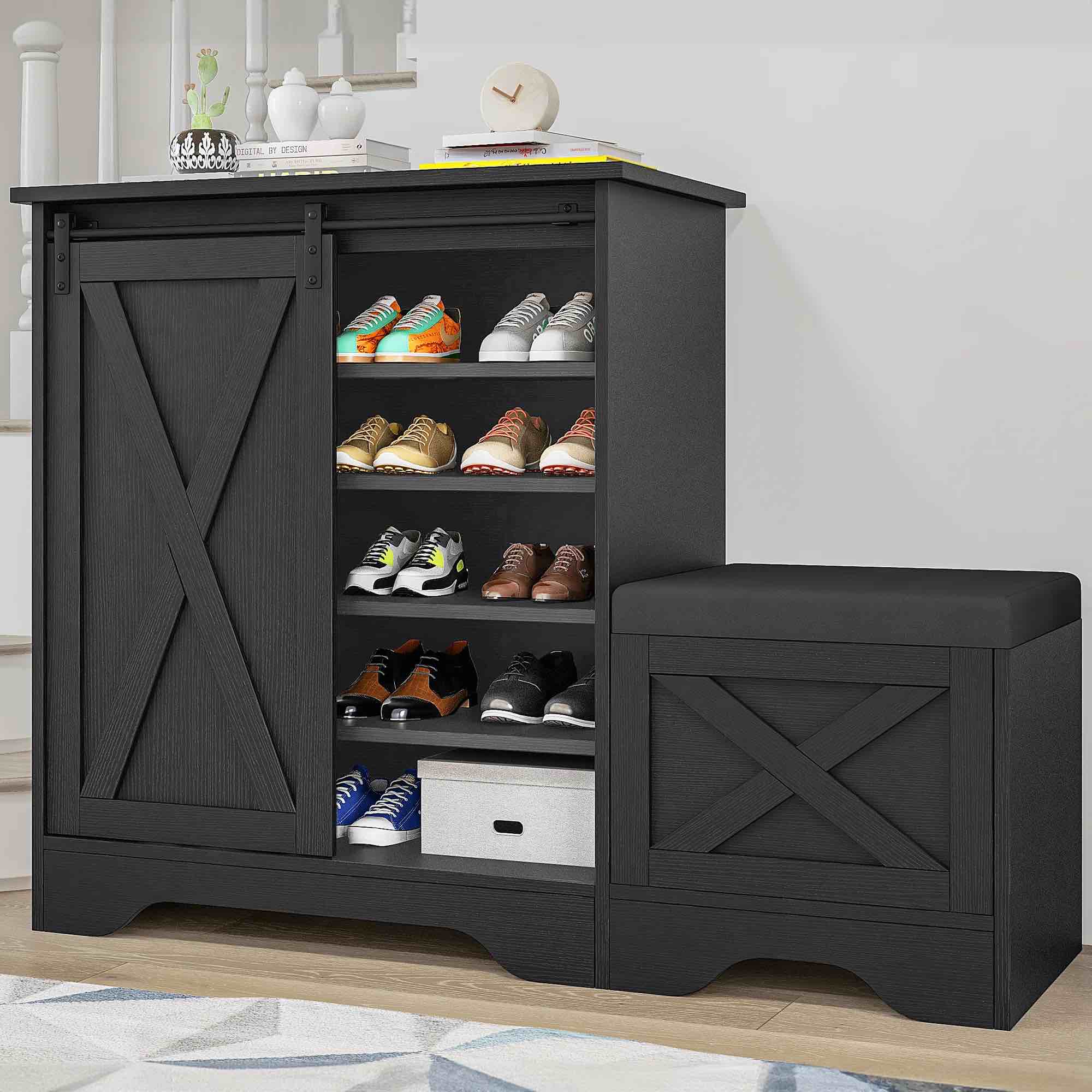 5-Tier Farmhouse Shoe Cabinet with Sliding Door & Shoe Bench