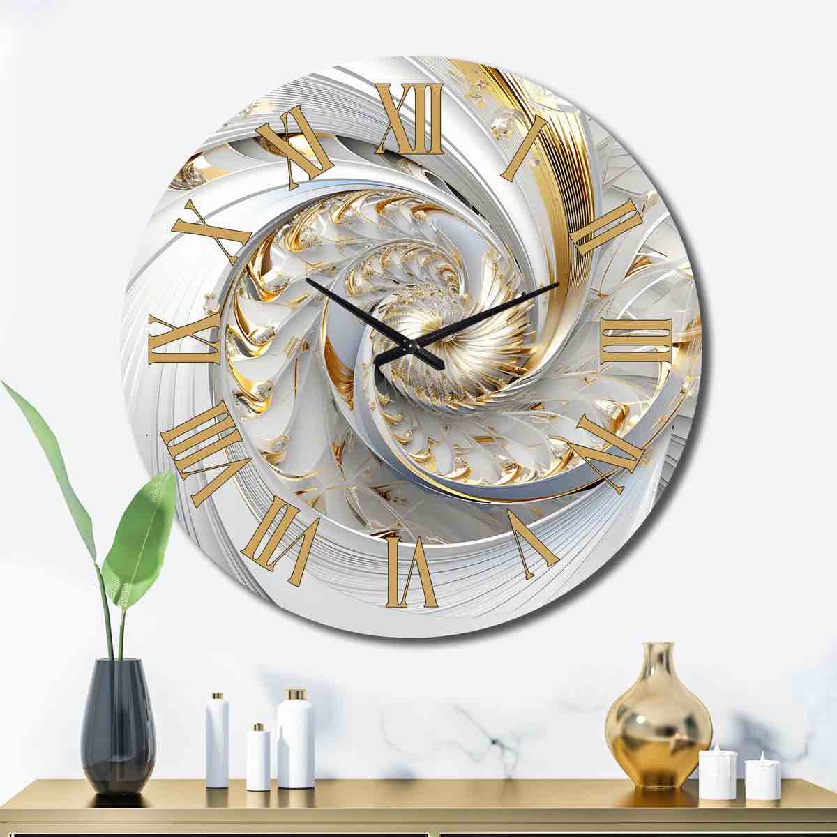 Whirling While Glam Fractals in Gold and White III - Metal Fractals Wall Clock