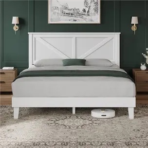Multi-sized Wooden Bed Frame with Headboard, No Box Spring Needed white  queen 