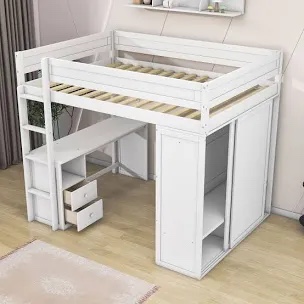 Kaylor Wood Loft Bed with Wardrobes, Desk and 2 Drawers box 1 of 2 