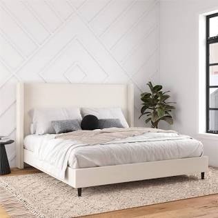 Eveline Upholstered Platform Bed Frame With High Wingback Headboard, King, Ivory Corduroy (Box 2 Of 2)